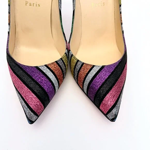 Christian Louboutin Pigalle Follies 100 Striped Glitter Pumps Rainbow Multicolor - Picture 5 of 14